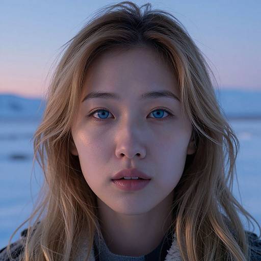 Photograph of a young woman with blue eyes, light brown hair, and fair skin, facing the camera in a snowy landscape at twilight.