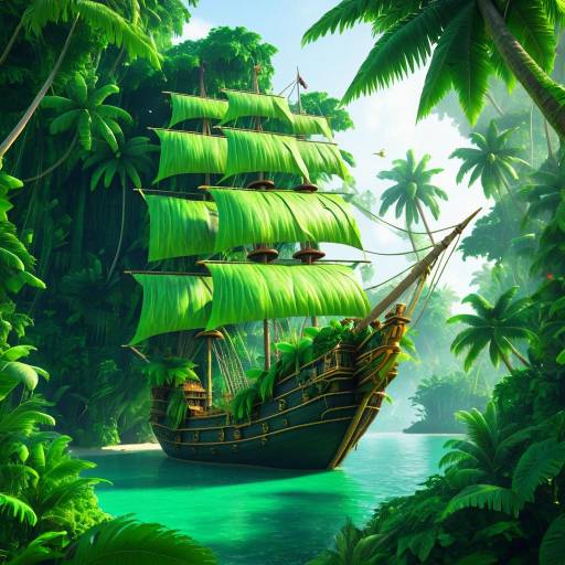 Pirate Ship Sailing Through Lush Jungle Lagoon