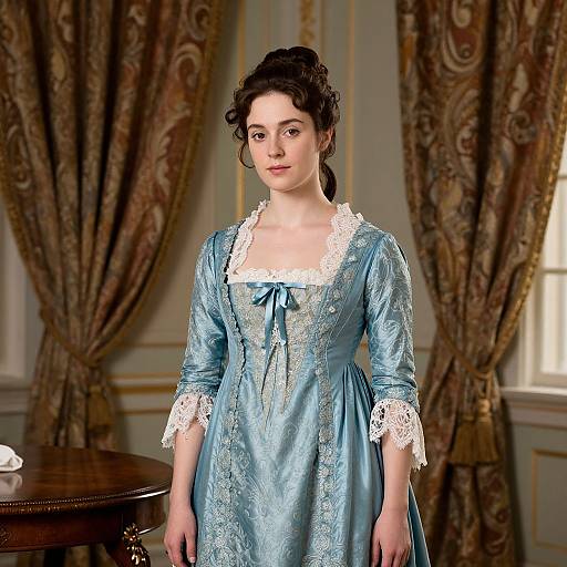 Photograph of a fair-skinned woman with dark curly hair in a blue, lace-trimmed Victorian dress, standing in an elegant room with pattern