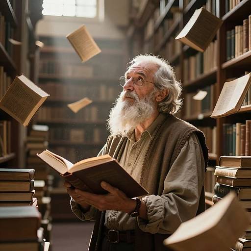 Photograph of an elderly white man with a white beard, wearing a brown vest and beige shirt, surrounded by flying books in a sunlit library.