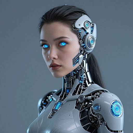 CGI image of a beautiful, blue-eyed, cybernetic woman with black hair, glowing mechanical parts, and sleek, white robotic armor.
