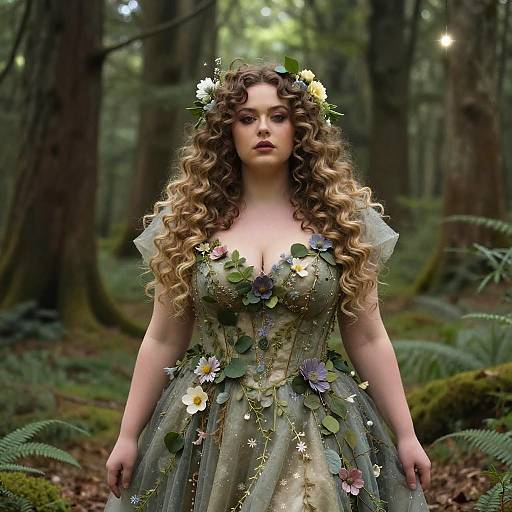 Curly Hair Woman in Enchanted Forest Dress