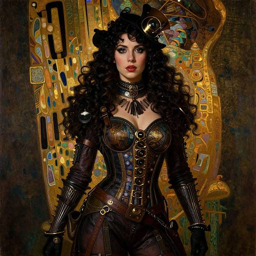 Steampunk woman with curly black hair, gold accents, leather corset, and gloves, stands before an intricate, colorful golden background. Digital art