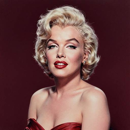 Photograph of a blonde, fair-skinned woman with vintage 1950s-style curled hair, red lipstick, and a strapless red dress,