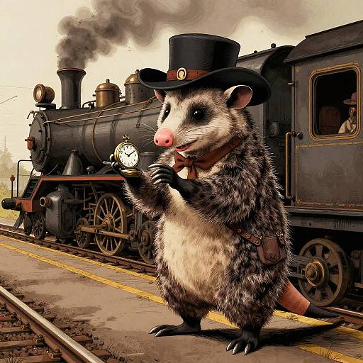 Steampunk Opossum Train Conductor Scene