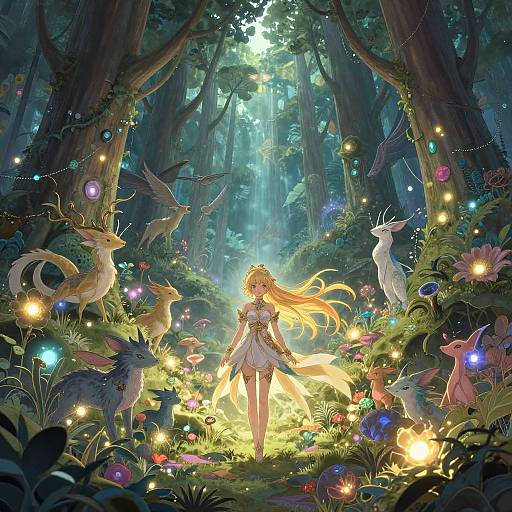 Digital fantasy illustration of a blonde fairy girl with long hair, wearing a white dress, surrounded by glowing fireflies, colorful creatures, and vibrant forest.
