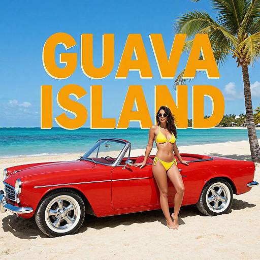 Photograph of a tan woman in a yellow bikini standing beside a bright red convertible on a sunny, tropical beach with clear blue water and palm trees,