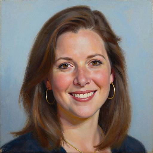 Photorealistic digital portrait of a smiling Caucasian woman with brown hair, wearing hoop earrings and a black top, against a blue background.