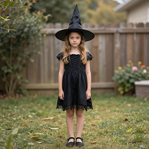 Photograph of a young girl with long brown hair, wearing a black witch dress and hat, standing in a grassy backyard.