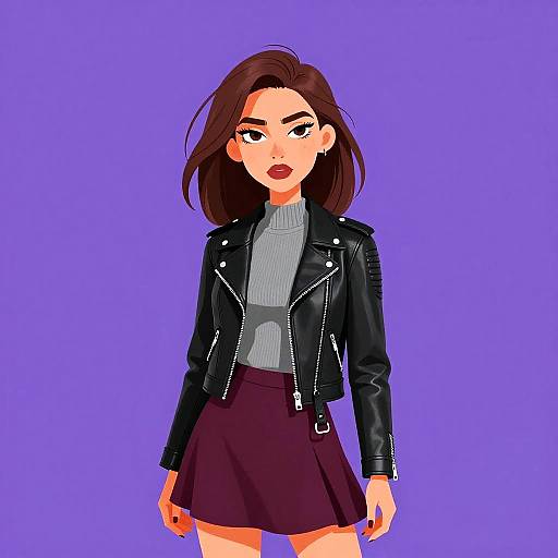 Edgy Woman in Leather and Maroon Skirt