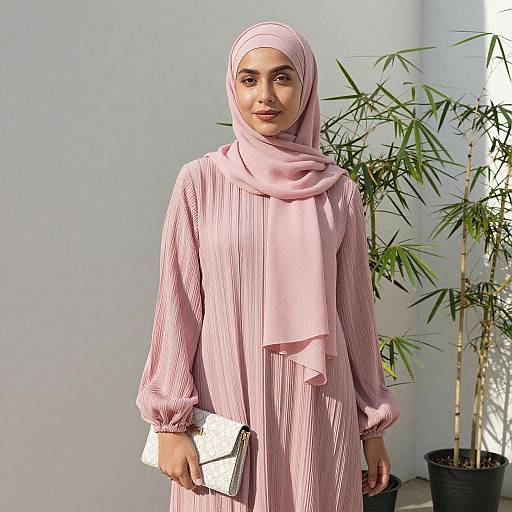 Young Woman in Pink Hijab Dress