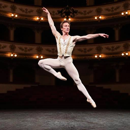 Photograph of a male ballet dancer in mid-leap, wearing a gold patterned sleeveless top and white tights, performing in an ornate