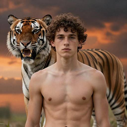 Dramatic Portrait of a Young Man and Tiger