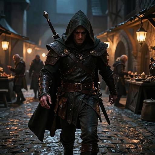 Dark, hooded warrior in medieval armor strides through a rain-soaked, candlelit marketplace, sword on back, amidst blurred, shadowy figures.