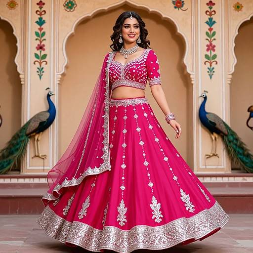 Photograph of a beautiful Indian woman in a vibrant pink traditional lehenga with silver embroidery, standing in an ornate archway with peacocks,