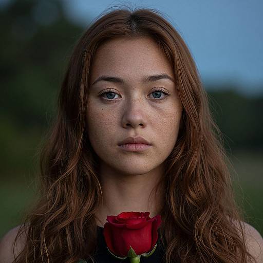Photograph of a young, freckled woman with long brown hair and blue eyes, holding a red rose against a blurred green-blue background.