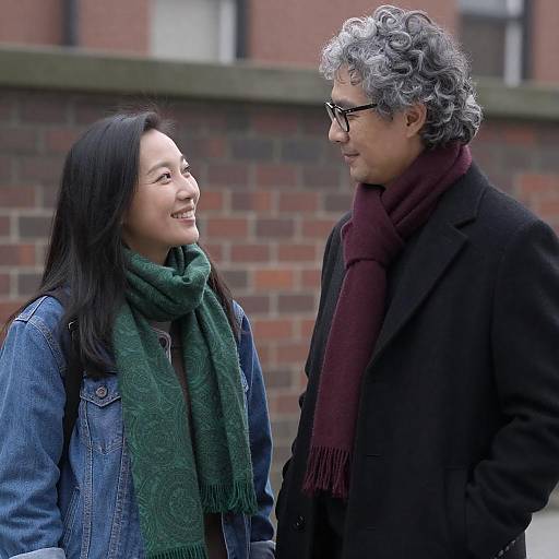 Photograph of an Asian woman with long black hair and a green scarf, smiling at a gray-haired man with glasses and a maroon scarf, standing
