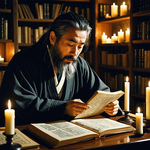 Reflective Philosopher Reading Ancient Scroll