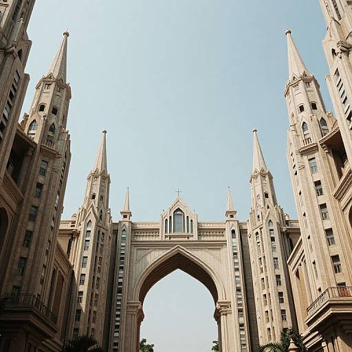 Photograph of a grand Gothic-style building with four tall spires, a central archway, and intricate stone detailing against a clear blue sky.