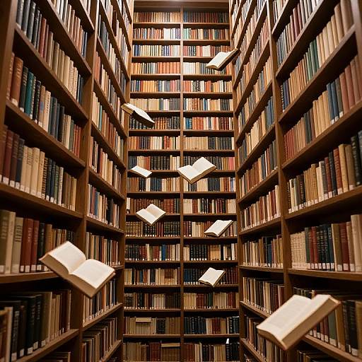 Photograph of a tall, narrow library aisle with wooden bookshelves filled with colorful books, illuminated by floating white paper pages.