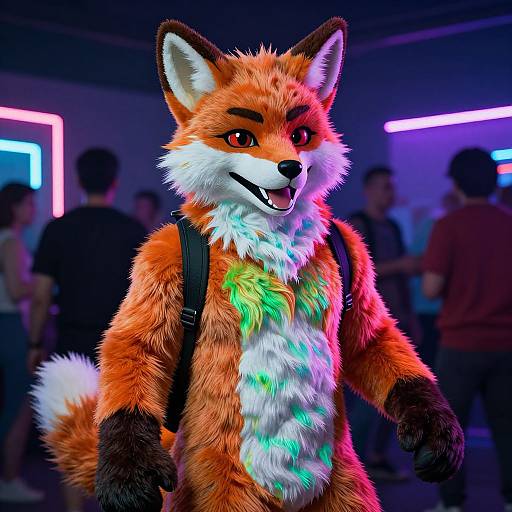 Photorealistic CGI of a vibrant, anthropomorphic fox with neon fur, black backpack, and playful expression, standing in a neon-lit, crowded
