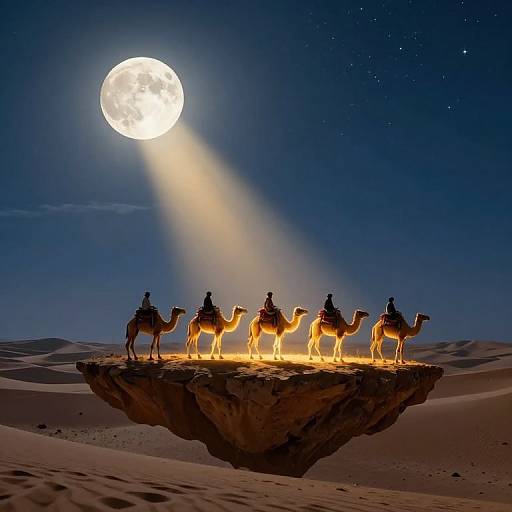 Photograph of five silhouetted riders on camels, standing on a desert rock under a bright full moon in a starry night sky.