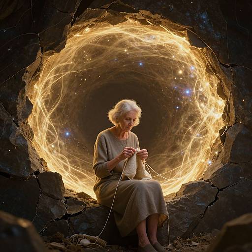 Photograph of an elderly woman with white hair, sitting in a dark cave, creating a glowing, swirling light ring with wire.