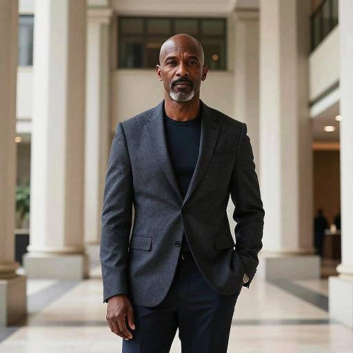 Photograph of a bald, middle-aged Black man with a gray beard, wearing a dark gray suit and black shirt, standing in a sunlit,