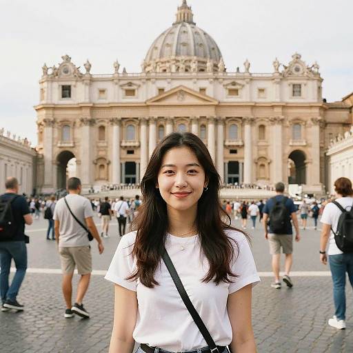 Photograph of an Asian woman with long black hair, white shirt, black shoulder bag, smiling in front of St. Peter's Basilica, Rome
