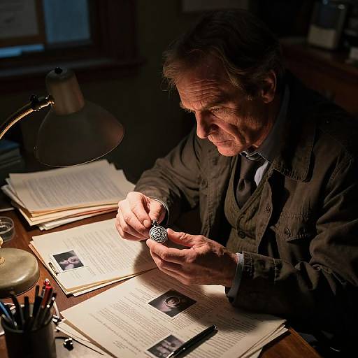 Photograph of an older man with graying hair, wearing a dark shirt, intently examining a silver ring under a desk lamp. Books, pencils
