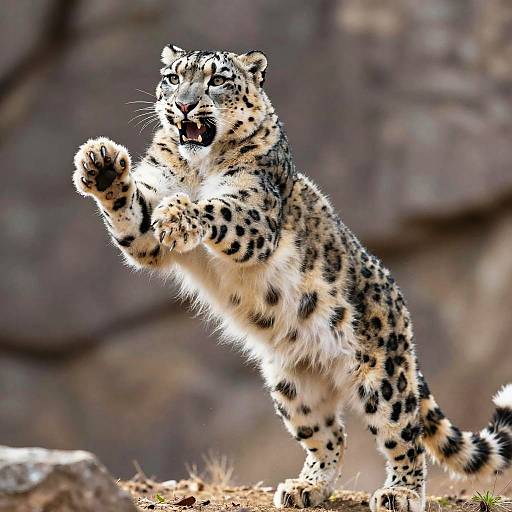 Photograph of a roaring snow leopard with striking black spots, mid-leap, its front paws raised, set against a blurred rocky background.