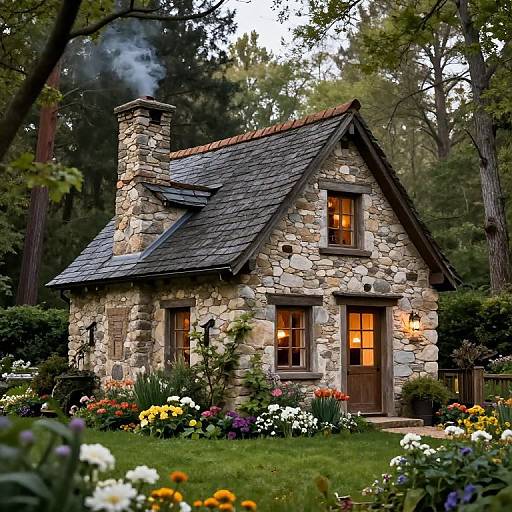 Photograph of a charming stone cottage with a smoking chimney, nestled in a lush, flower-filled garden, surrounded by tall trees.