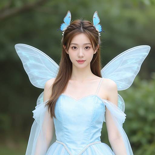 Photograph of an East Asian woman with long brown hair, wearing a white off-shoulder dress, blue butterfly hair accessories, and translucent wings,