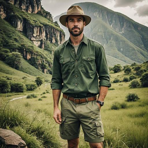 Man in Safari Outfit in Mountain Valley