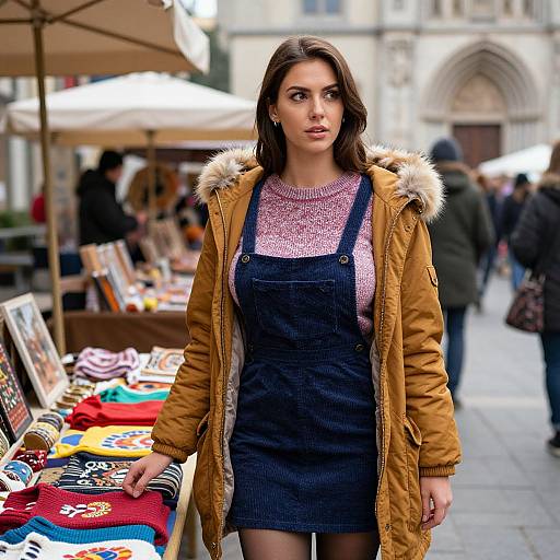 Photograph of a young woman with long brown hair, wearing a brown coat, pink textured top, and navy denim dress, standing in a bustling outdoor