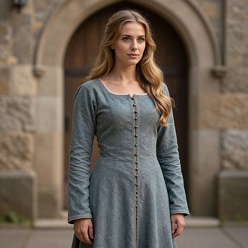 Photograph of a fair-skinned woman with long blonde hair, wearing a blue denim dress with buttons, standing in front of a stone archway.
