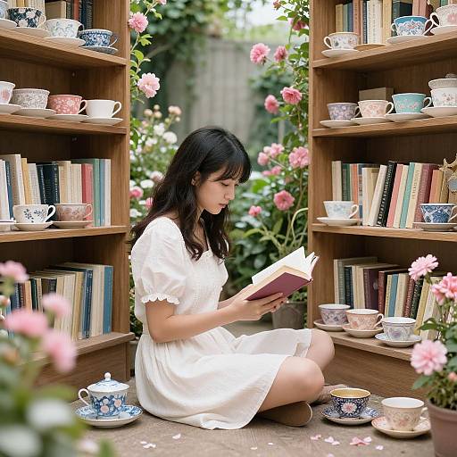 Asian woman in white dress, reading in a garden library with wooden shelves filled with books and floral teacups, surrounded by pink roses. Photograph.