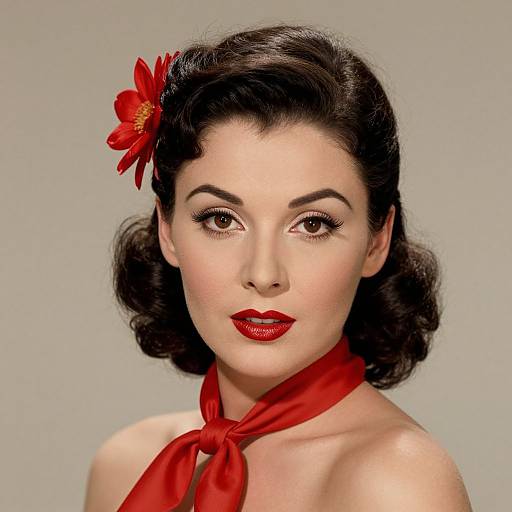 Vintage-style photograph of a fair-skinned woman with dark, wavy hair, red lipstick, and a red flower in her hair, wearing a red