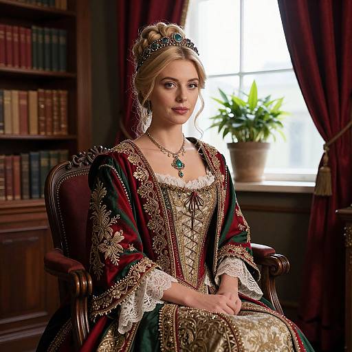 Photograph of a blonde woman in a detailed, Victorian-style green and gold dress with lace, seated in a wooden library with bookshelves and a
