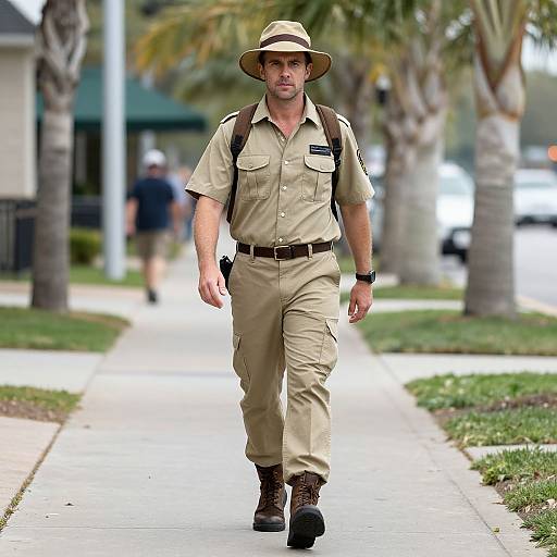 Photograph of a muscular male park ranger with a tan uniform, khaki hat, and brown boots walking on a sunny sidewalk.