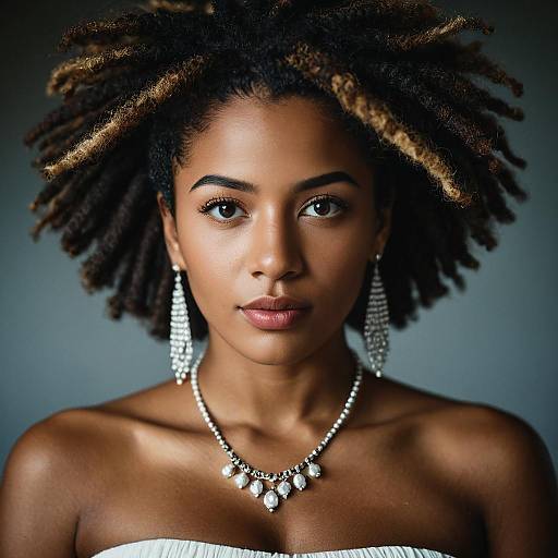 Portrait of Dark-Skinned Woman with Dreadlocks and Jewelry