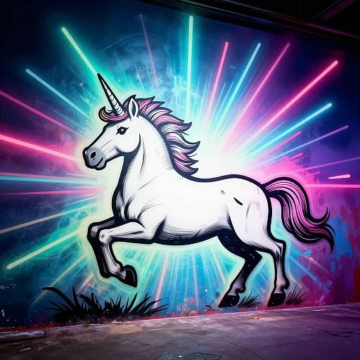 Digital illustration of a white unicorn with black outlines, standing on a dark stage with vibrant neon blue, pink, and green beams radiating behind it.