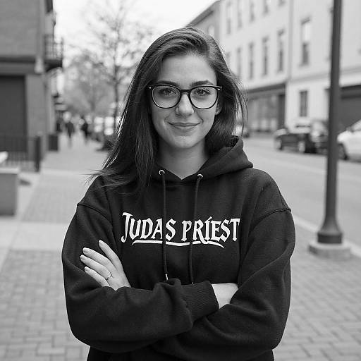 Black-and-white photograph of a smiling woman with long dark hair, glasses, and a 