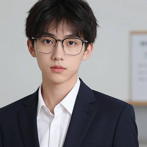 Photograph of an Asian man with black hair, glasses, and fair skin, wearing a black suit and white shirt, looking serious. Blurred office