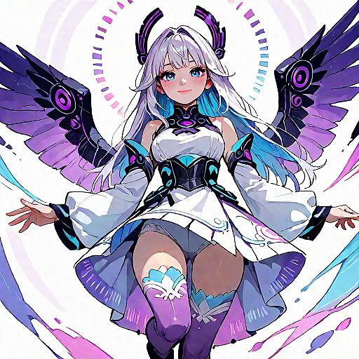 Digital anime-style drawing of a white-haired, blue-eyed girl with black wings, wearing a white and black futuristic dress, glowing accents, and thigh-high