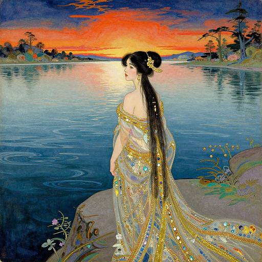 Artistic painting of an Indian woman in a shimmering, gold-embellished saree, standing by a serene lake at sunset.