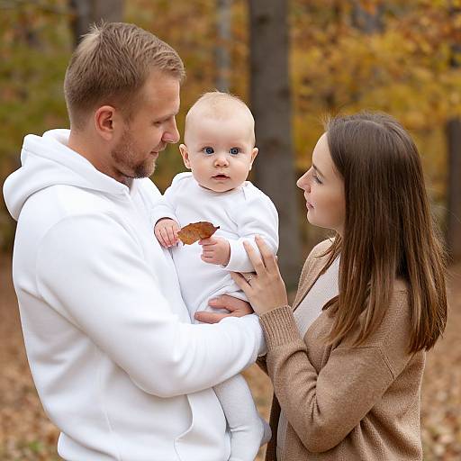 Photograph of a Caucasian family in autumn; father in white hoodie, mother in brown cardigan, holding baby in white clothes, forest background.