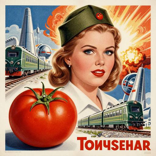 Vintage-style propaganda poster featuring a blonde woman in a green hat, red tomato, green train, and exploding background, with 
