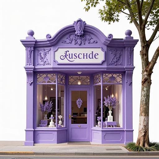 Photograph of a vintage-style, lavender-painted storefront with ornate details, named 