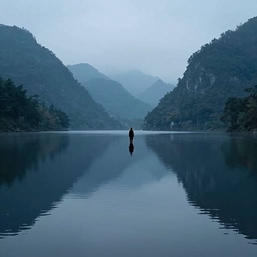 Silhouette of solitary person standing on calm, reflective lake surrounded by misty, forested mountains under a pale blue sky. Photorealistic photograph.